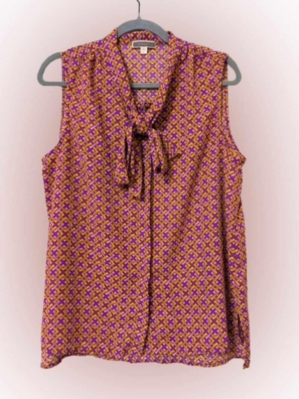 Pleione Tie Neck Sleeveless Blouse Purple Mustard Geometric Print Career Top LG